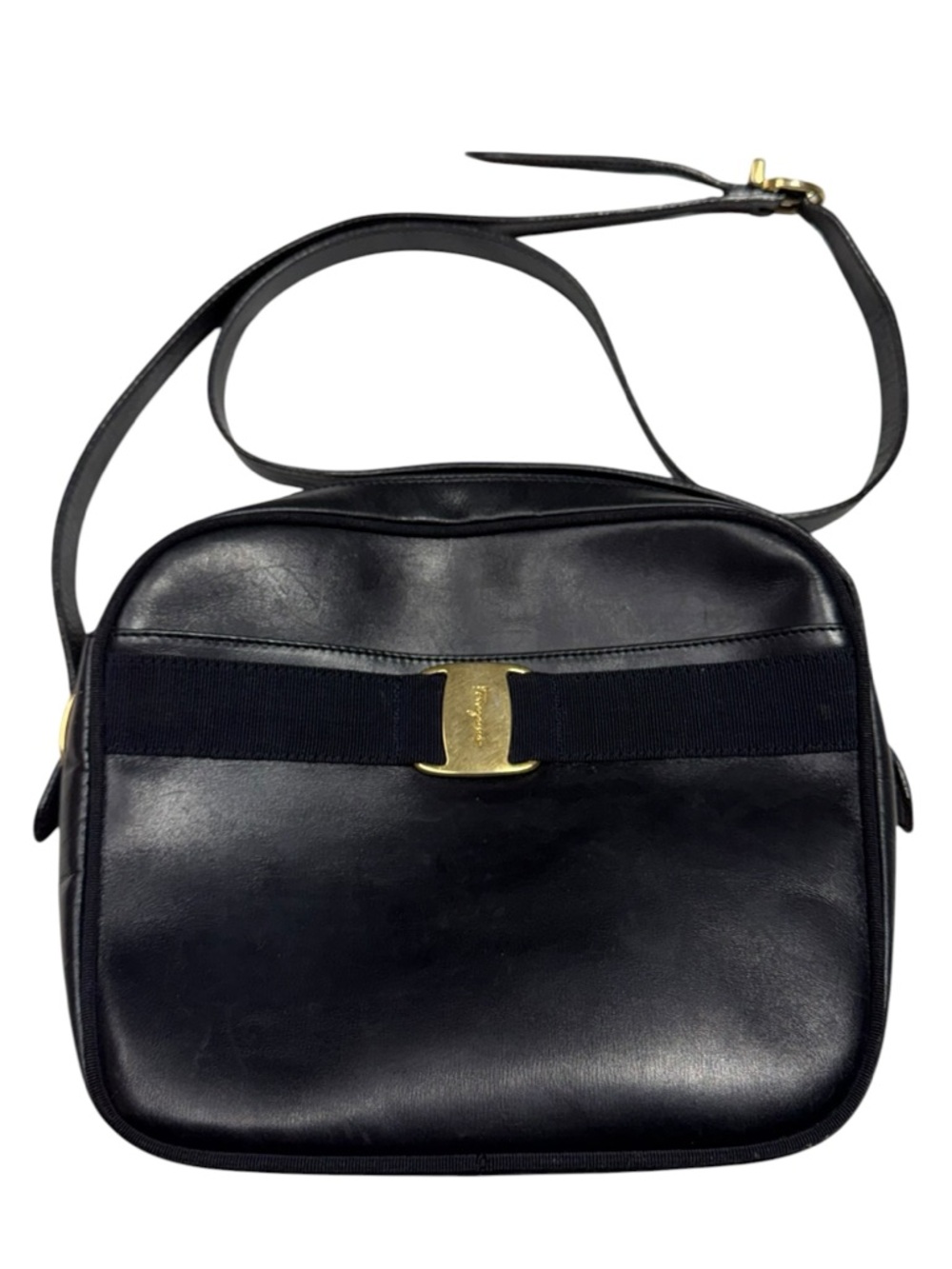Salvatore Ferragamo Vara Crossbody Bag Navy Leather Purse Gold Vintage Italy
